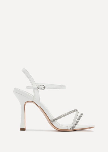 Linzi Mesmerize White Faux Leather Square Toe Diamonte Embellished Heel