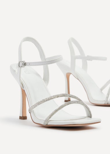 Linzi Mesmerize White Faux Leather Square Toe Diamonte Embellished Heel