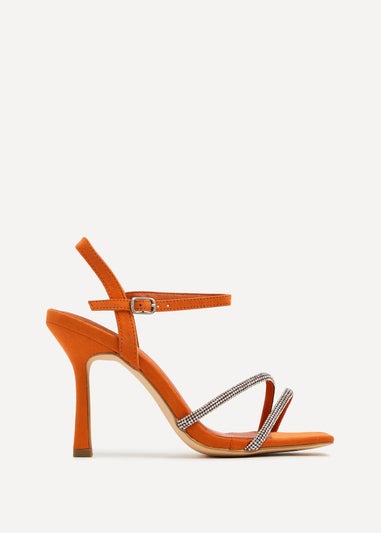 Linzi Mesmerize Orange Faux Suede Square Toe Diamonte Embellished Heel