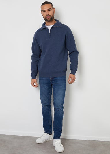 Threadbare Blue Rib Panel Quarter Zip Jumper