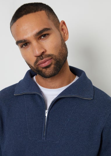 Threadbare Blue Rib Panel Quarter Zip Jumper