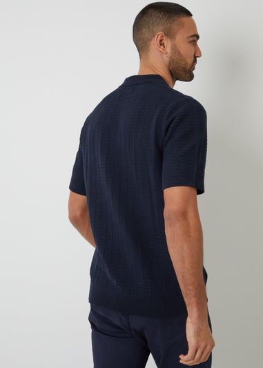 Threadbare Navy Cotton Mix Short Sleeve Textured Knitted Polo Shirt