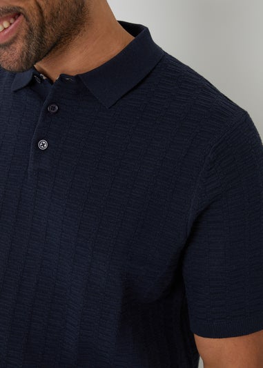 Threadbare Navy Cotton Mix Short Sleeve Textured Knitted Polo Shirt