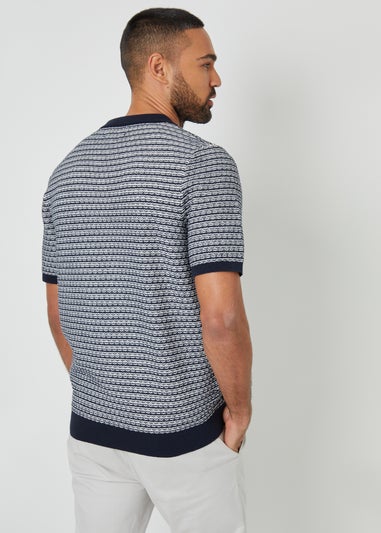 Threadbare Navy Textured Stripe Trophy Neck Knitted Polo Shirt