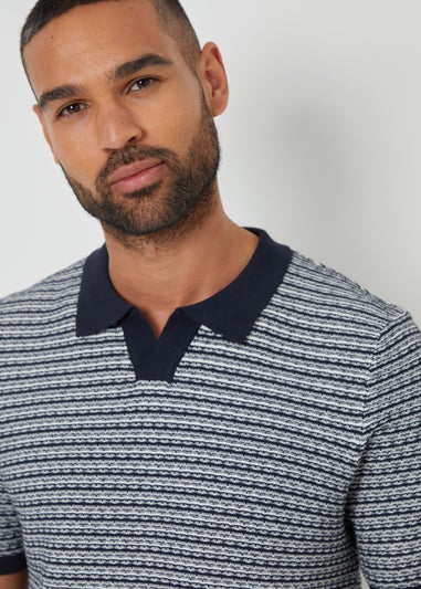 Threadbare Navy Textured Stripe Trophy Neck Knitted Polo Shirt