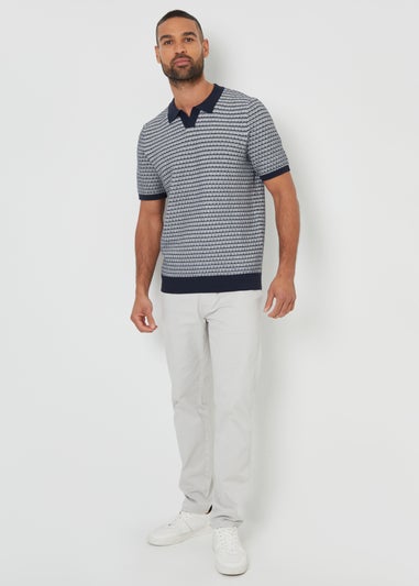 Threadbare Navy Textured Stripe Trophy Neck Knitted Polo Shirt