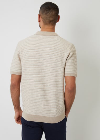 Threadbare Beige Textured Stripe Trophy Neck Knitted Polo Shirt