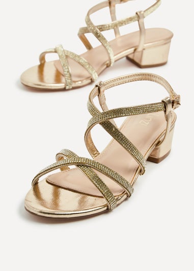 Linzi Glow Gold Faux Leather Crossover Diamante Straps Low Block Heeled Sandal