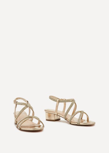 Linzi Glow Gold Faux Leather Crossover Diamante Straps Low Block Heeled Sandal