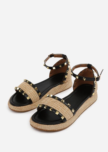 Where's That From Black-PU Aviva Wide-Fit Studded Gladiator Espadrille Flatform