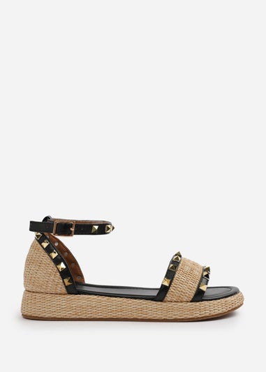 Where's That From Black-PU Aviva Wide-Fit Studded Gladiator Espadrille Flatform