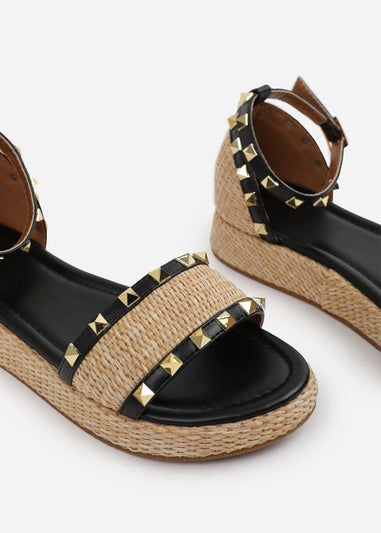 Where's That From Black-PU Aviva Wide-Fit Studded Gladiator Espadrille Flatform