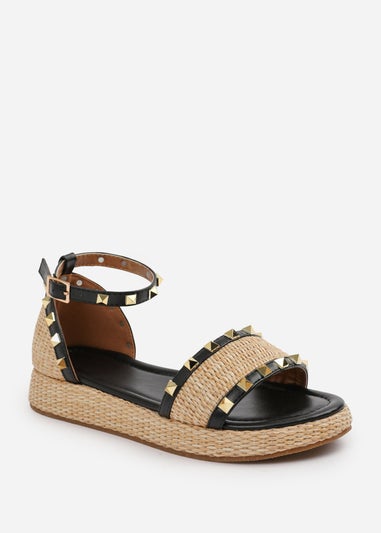 Where's That From Black-PU Aviva Wide-Fit Studded Gladiator Espadrille Flatform