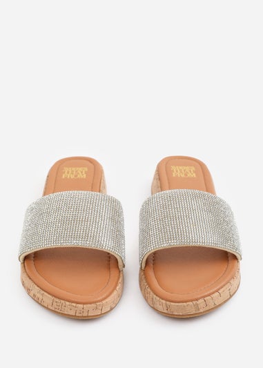 Where's That From Clear Diamante Cream Ember Wide-Fit Flatform Sliders