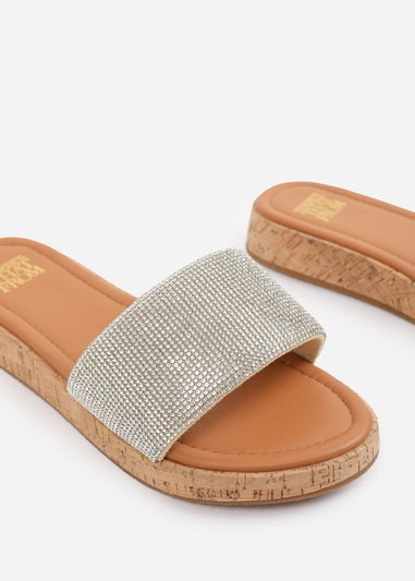 Where's That From Clear Diamante Cream Ember Wide-Fit Flatform Sliders