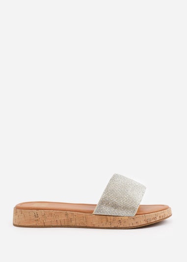 Where's That From Clear Diamante Cream Ember Wide-Fit Flatform Sliders