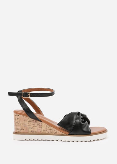 Where's That From Black-PU Katara Wide-Fit Knot Detail Wedge Shoes