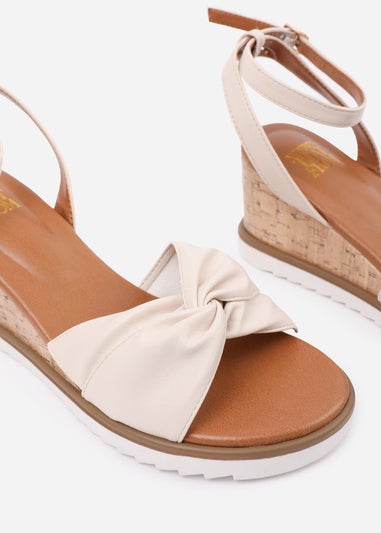 Where's That From Cream-PU Katara Wide-Fit Knot Detail Wedge Shoes