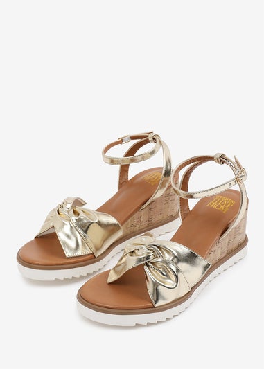 Where's That From Metallic Gold-PU Katara Wide-Fit Knot Detail Wedge Shoes