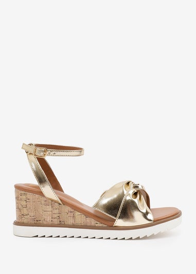 Where's That From Metallic Gold-PU Katara Wide-Fit Knot Detail Wedge Shoes