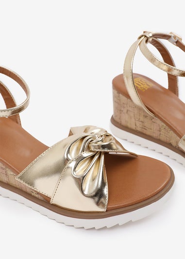 Where's That From Metallic Gold-PU Katara Wide-Fit Knot Detail Wedge Shoes