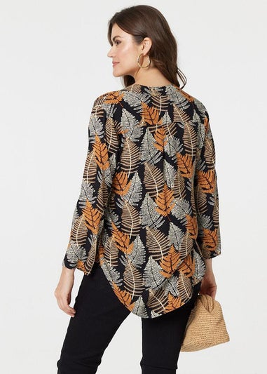 Izabel London Black Leaf Print Turn-Up Sleeve Blouse