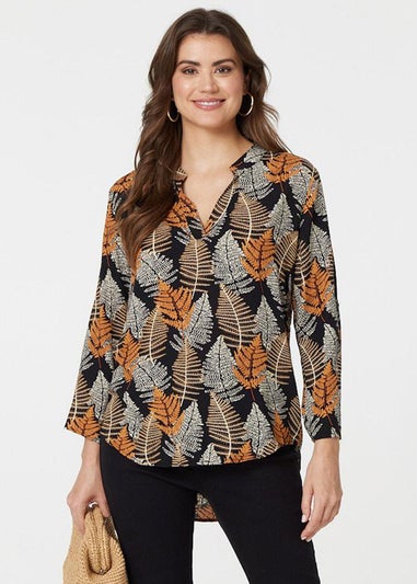 Izabel London Black Leaf Print Turn-Up Sleeve Blouse