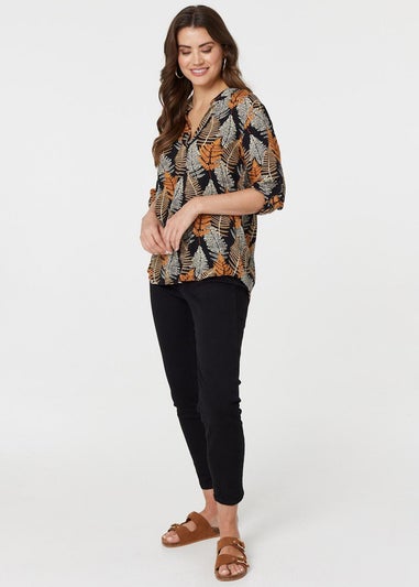 Izabel London Black Leaf Print Turn-Up Sleeve Blouse