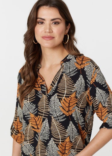 Izabel London Black Leaf Print Turn-Up Sleeve Blouse