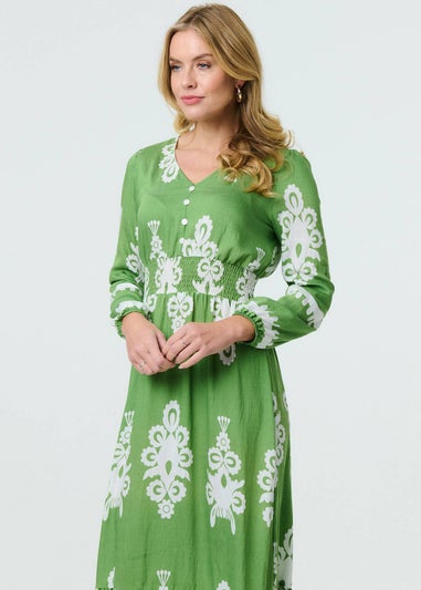 Izabel London Green Ikat Print Long Sleeve Maxi Smock Dress