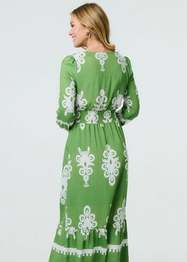 Izabel London Green Ikat Print Long Sleeve Maxi Smock Dress