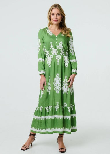 Izabel London Green Ikat Print Long Sleeve Maxi Smock Dress