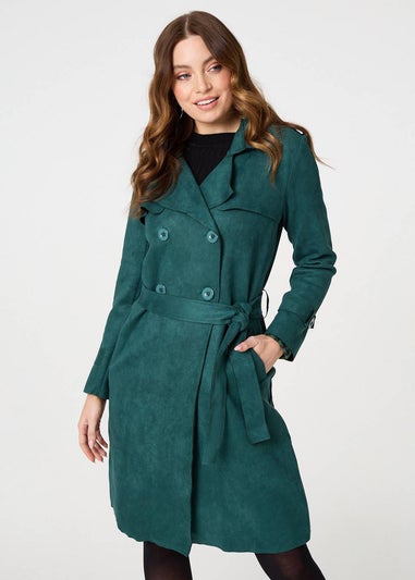 Izabel London Green Faux Suede Button Front Trench Coat