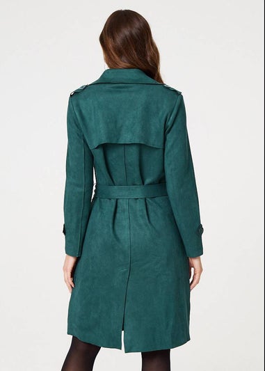 Izabel London Green Faux Suede Button Front Trench Coat