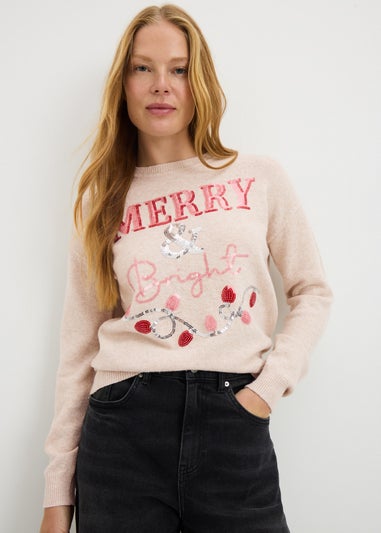 Beige Christmas Merry & Bright Jumper