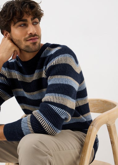 Navy Plaited Stripe Knit Jumper