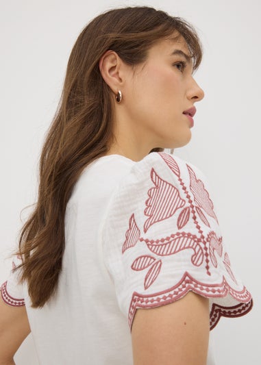 Cream Embellished Sleeve T-Shirt