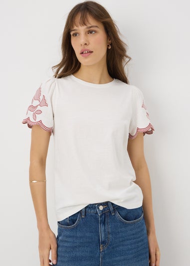 Cream Embellished Sleeve T-Shirt