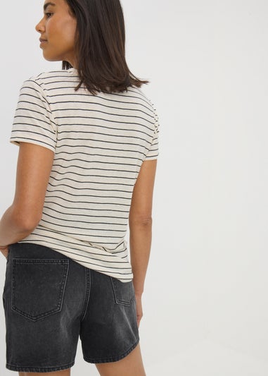 Cream Stripe Linen Blend V-Neck T-Shirt