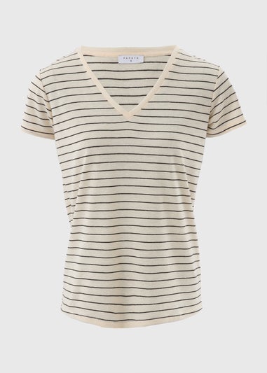 Cream Stripe Linen Blend V-Neck T-Shirt
