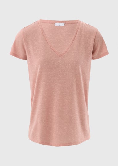Pink Linen Blend V Neck T-Shirt
