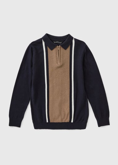 Boys Navy Knit Stripe Polo (7-15yrs)