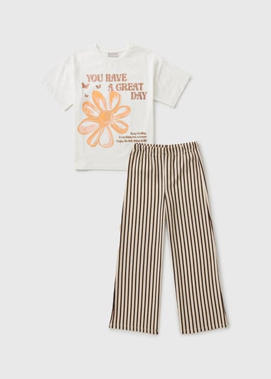 Girls Brown Striped Flower Print Top & Trousers Set (7-15yrs)