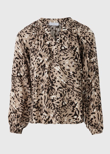 Brown Animal Print Popover Blouse