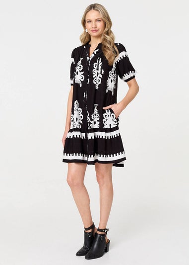 Izabel London Black Printed Lace Trim Relaxed Short Shirt Dress