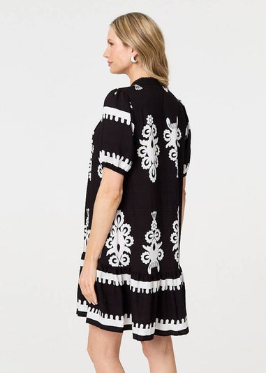 Izabel London Black Printed Lace Trim Relaxed Short Shirt Dress