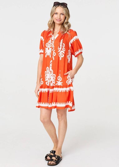 Izabel London Orange Printed Lace Trim Relaxed Short Shirt Dress