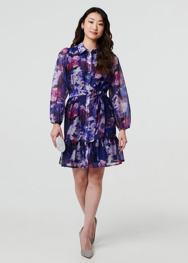 Izabel London Blue Floral Tie Waist Mini Shirt Dress