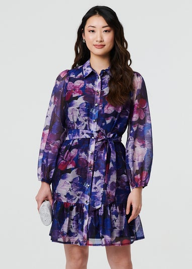 Izabel London Blue Floral Tie Waist Mini Shirt Dress