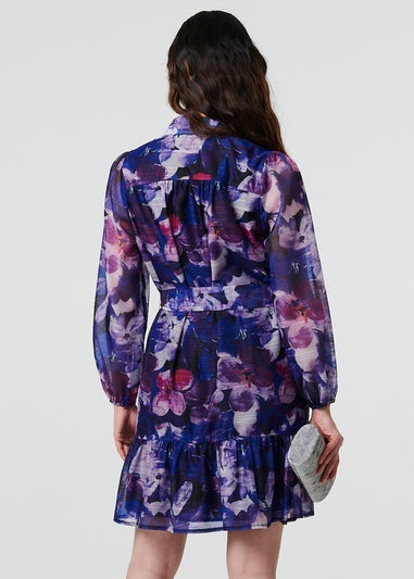 Izabel London Blue Floral Tie Waist Mini Shirt Dress